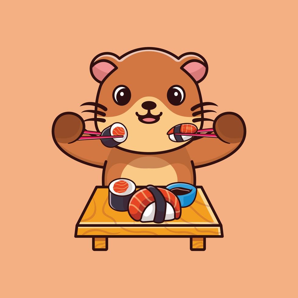 Cute otter eating sushi with chopsticks cartoon icon illustration vector