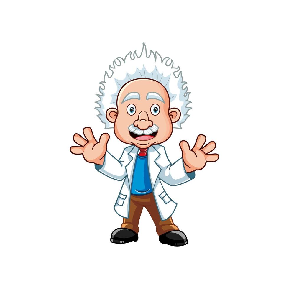 Vector cartoon professor scientist wearing lab white coat waving