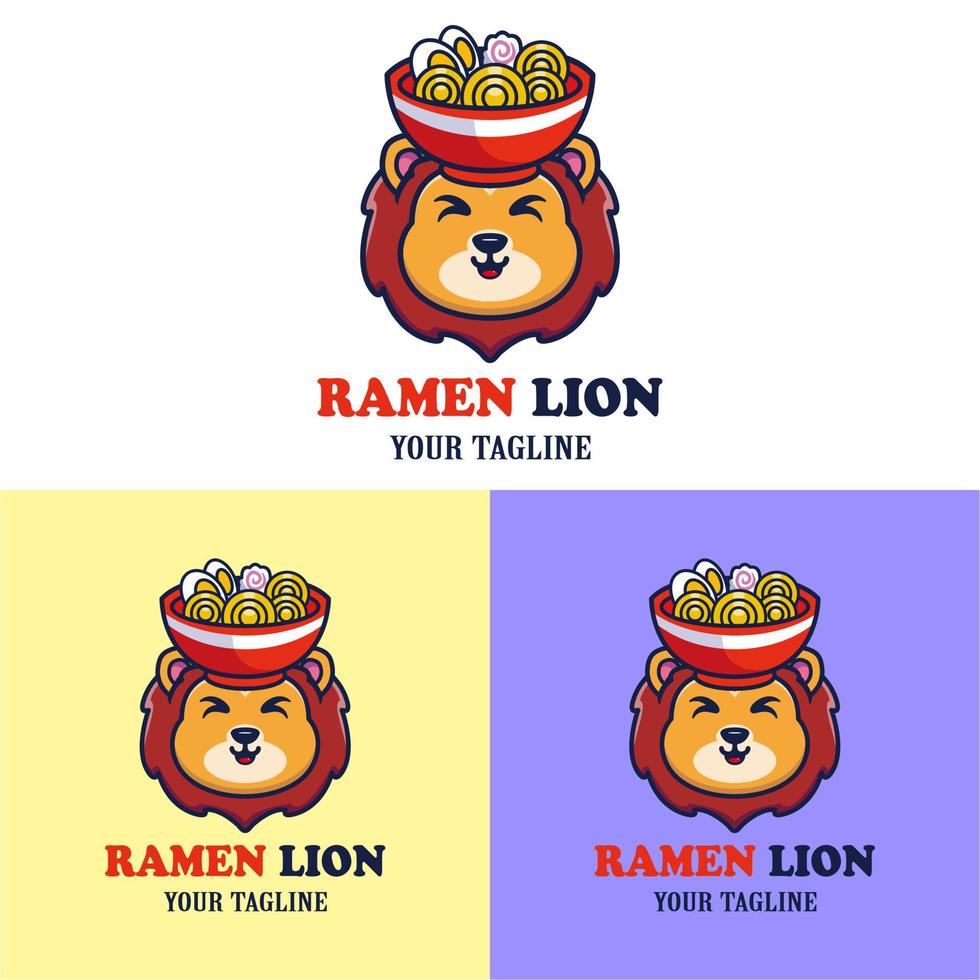 Vector cute lion with a bowl of ramen on his head logo mascot