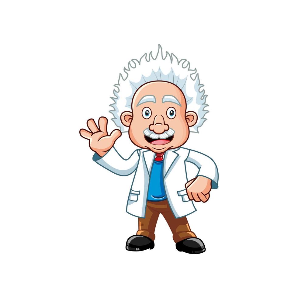 Vector cartoon professor scientist wearing lab white coat waving