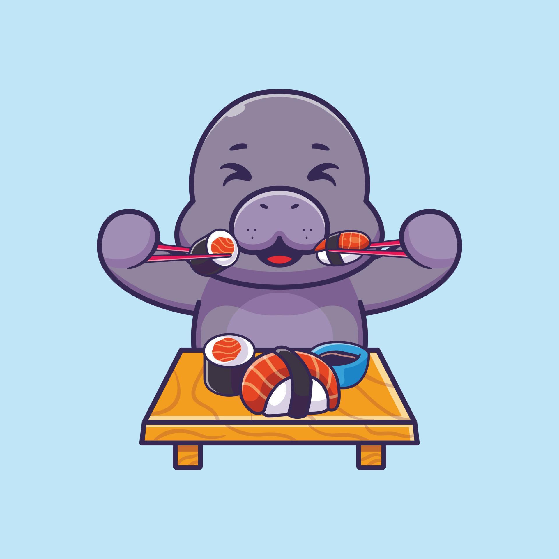 Cute sea lions eating sushi with chopsticks cartoon icon illustration