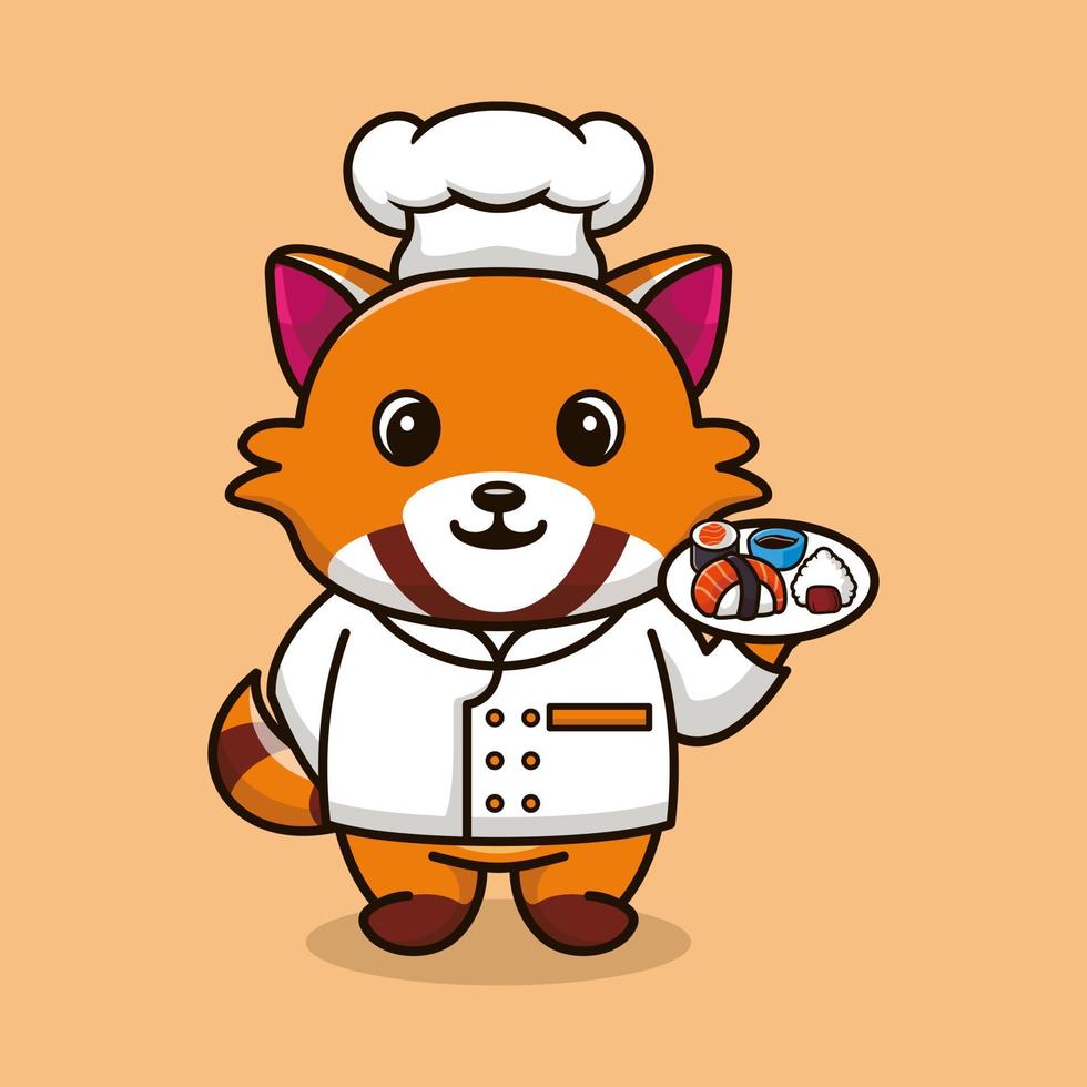 vector panda rojo chef mascota logo dibujos animados lindo creativo kawaii. linda ilustración animal llevando comida de sushi