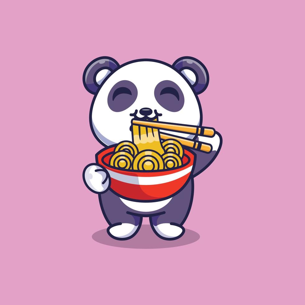 Cute panda standing eating ramen noodles with chopsticks cartoon icon illustration vector