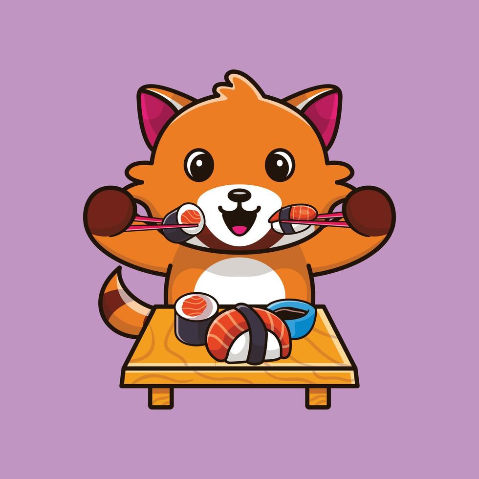 Cute red panda eating sushi with chopsticks cartoon icon illustration vector