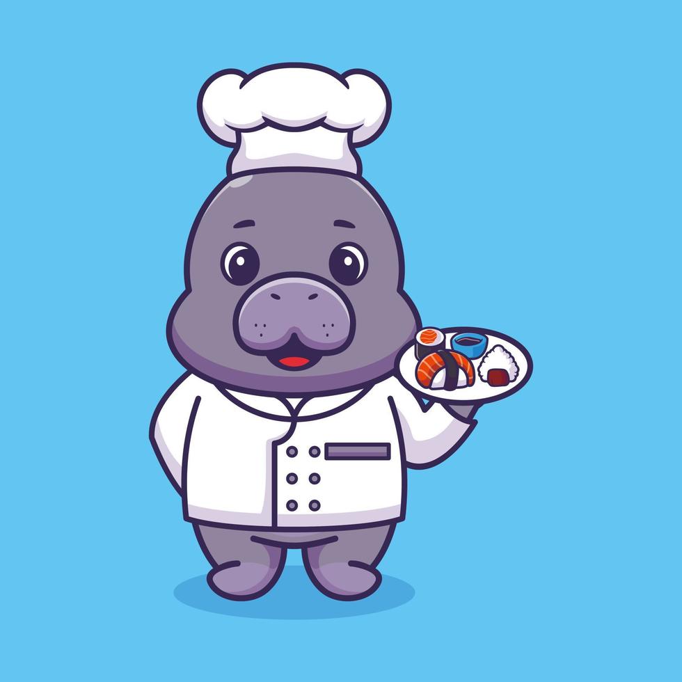 Vector sea lions chef mascot logo cartoon cute creative kawaii. Cute animal illustration carrying sushi food