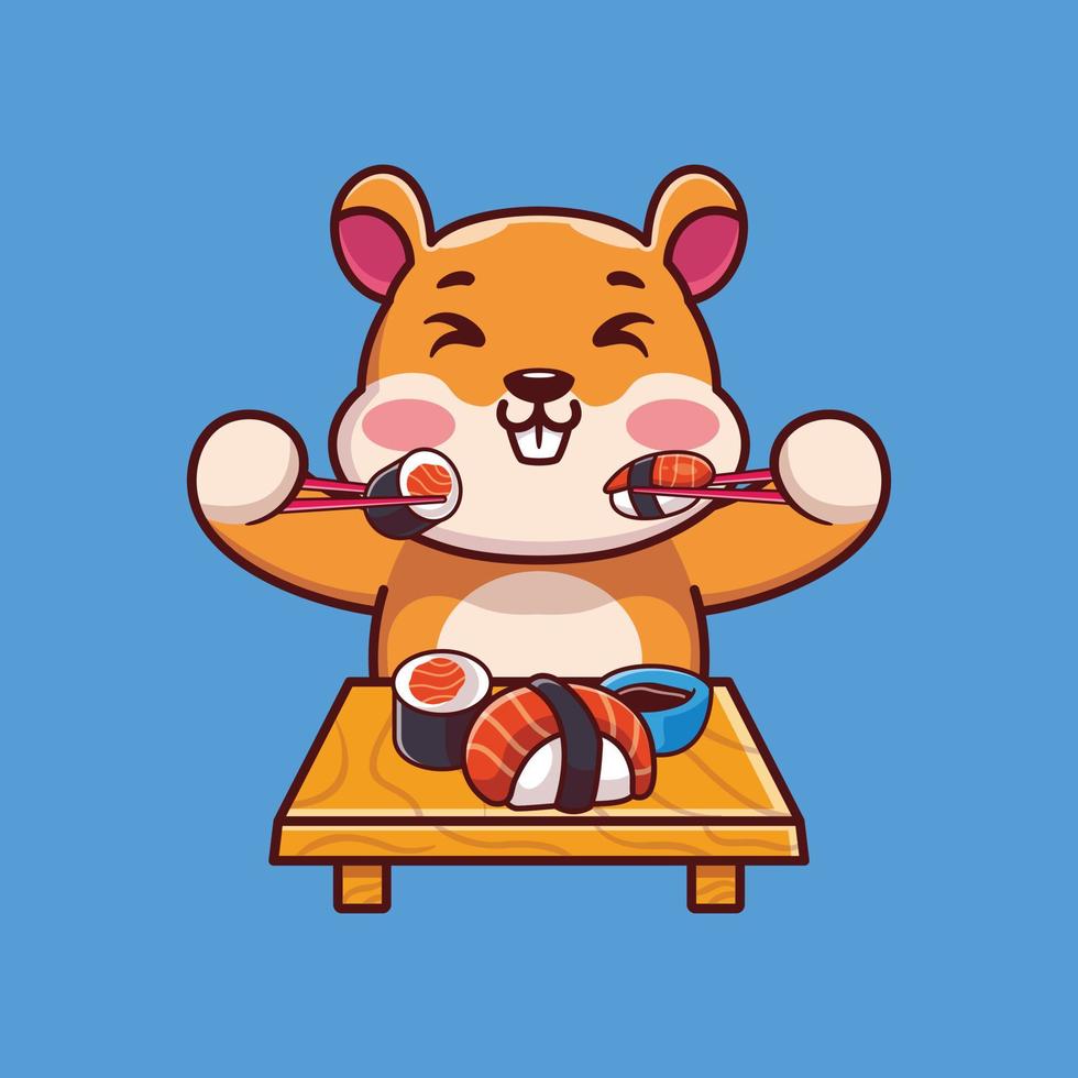 Cute squirrel eating sushi with chopsticks cartoon icon illustration vector