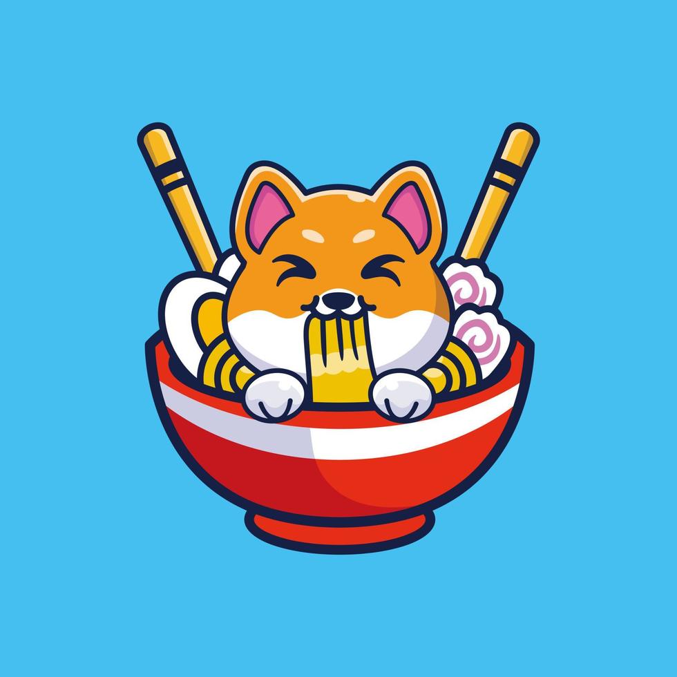 Vector cute dog eating noodle cartoon icon illustration