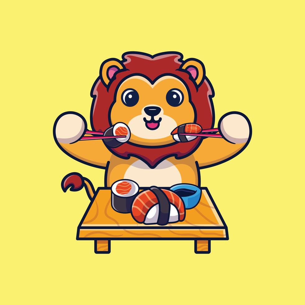 Cute lion eating sushi with chopsticks cartoon icon illustration vector