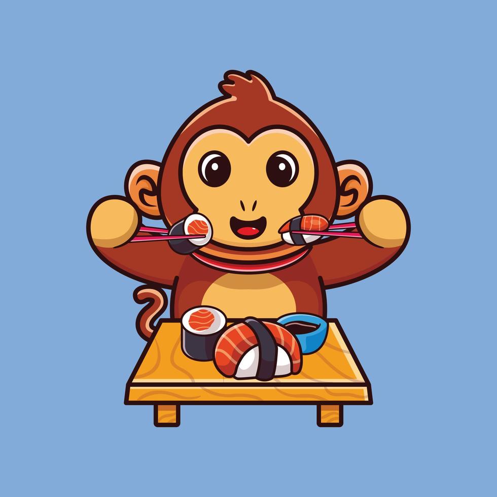 Cute monkey eating sushi with chopsticks cartoon icon illustration vector