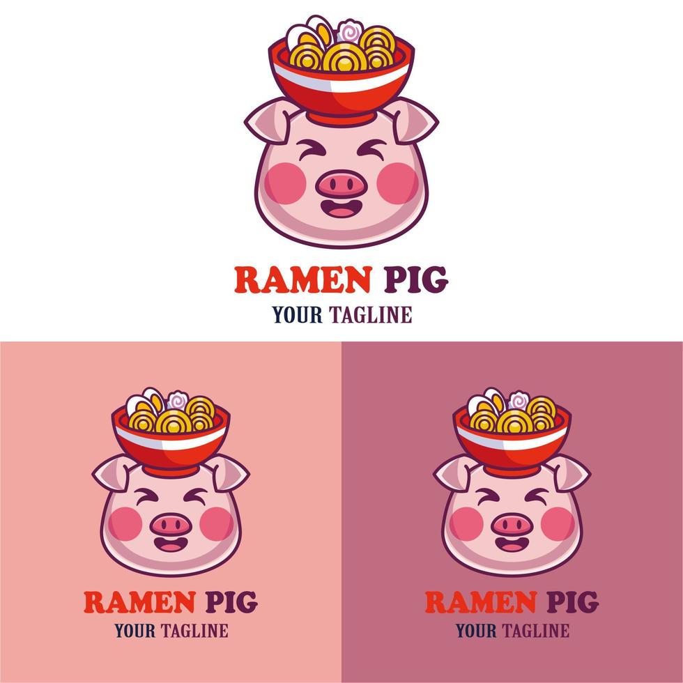 Vector cute pig with a bowl of ramen on his head logo mascot