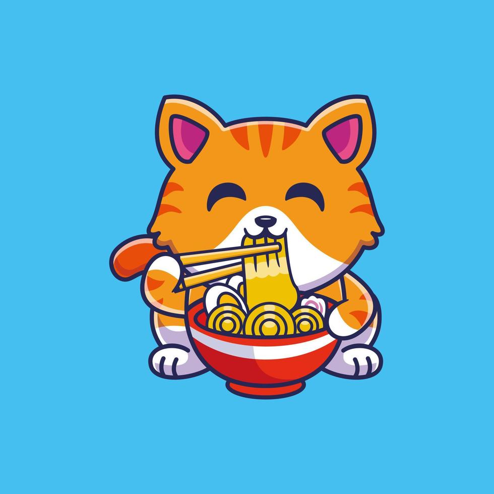 vector cute cat eating ramen noodle cartoon vector illustration. animal food concept