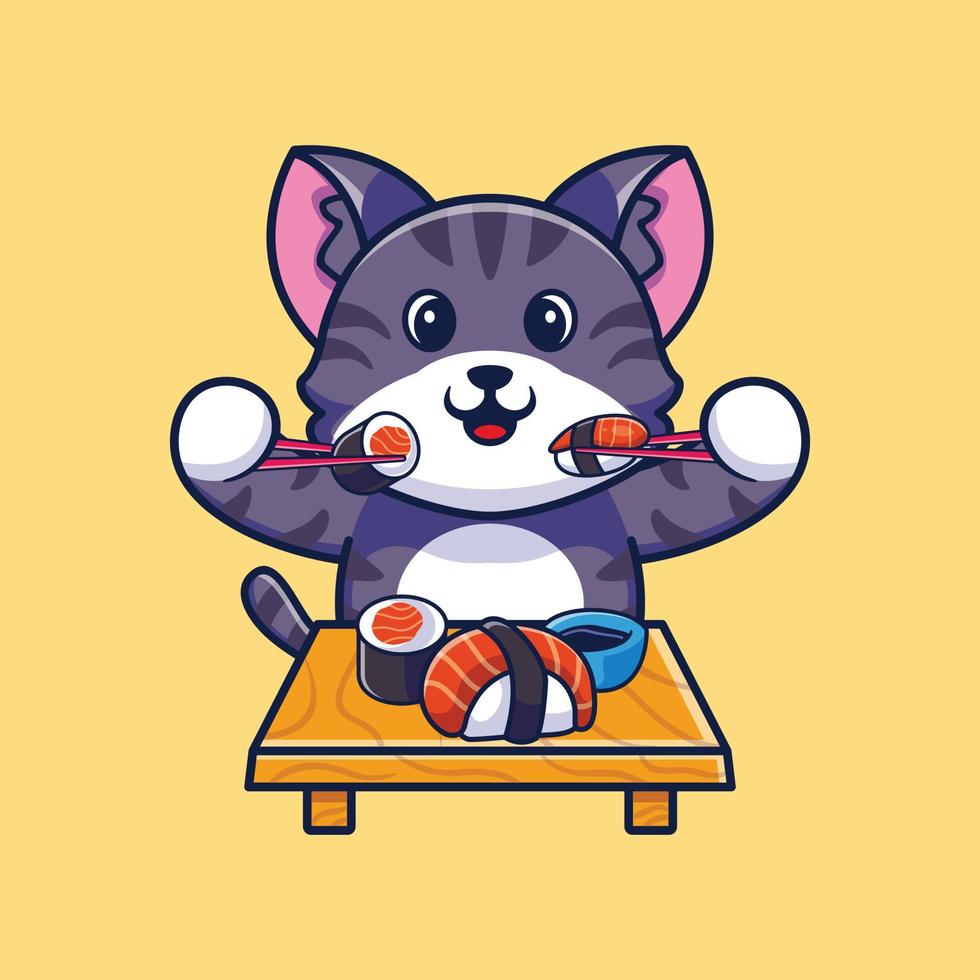 lindo gato comiendo sushi con palillos icono de dibujos animados ilustración vector