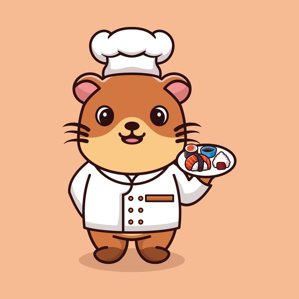 vector nutria chef mascota logo dibujos animados lindo creativo kawaii. linda ilustración animal llevando comida de sushi