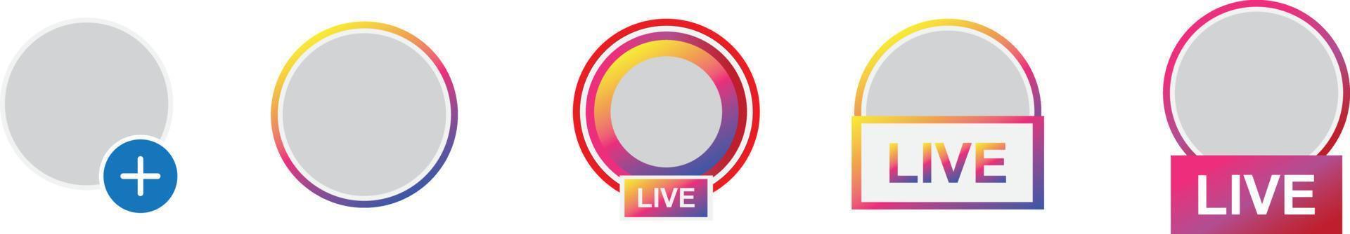 Instagram story, live stream, new story badge vector set. Isolated empty instagram stories badges and live buttons on white background. Circle frame for profile picture.