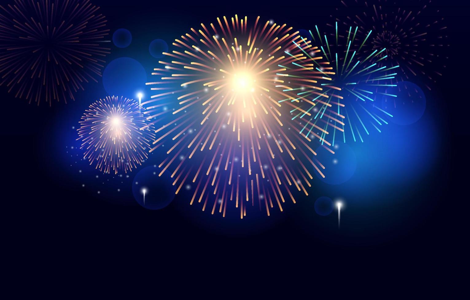 feliz año nuevo fiesta de fuegos artificiales fondo de cielo nocturno brillante vector