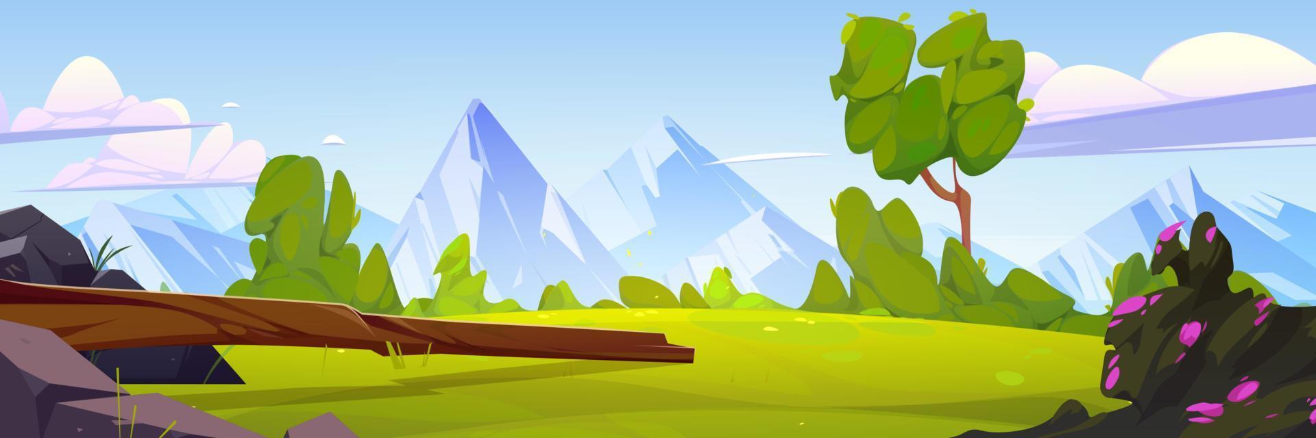 Summer lawn on mountain valley with log vector