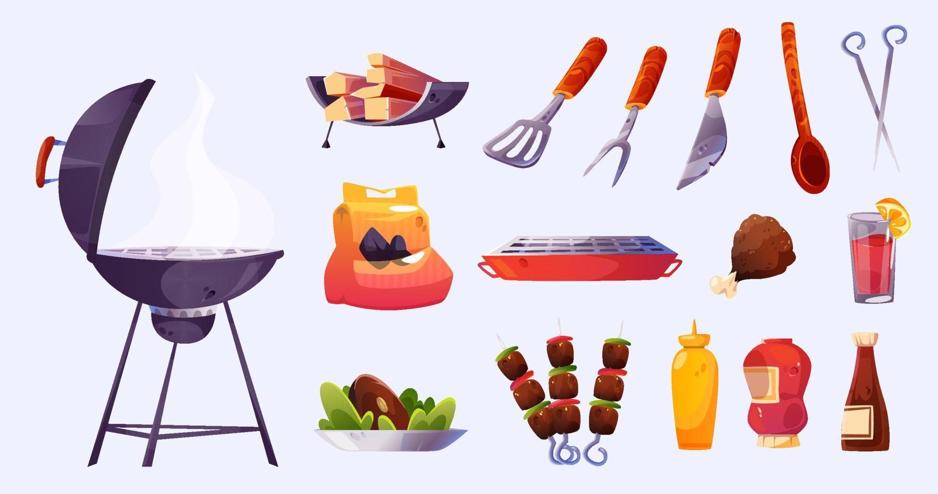 barbacoa, carne asada, salsas, tenedor, cuchillo, carbón vector