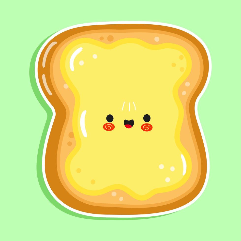 Cute funny sliced toast bread and butter sticker character. Vector hand drawn cartoon kawaii character illustration icon. Isolated on white background. Bread and butter character concept