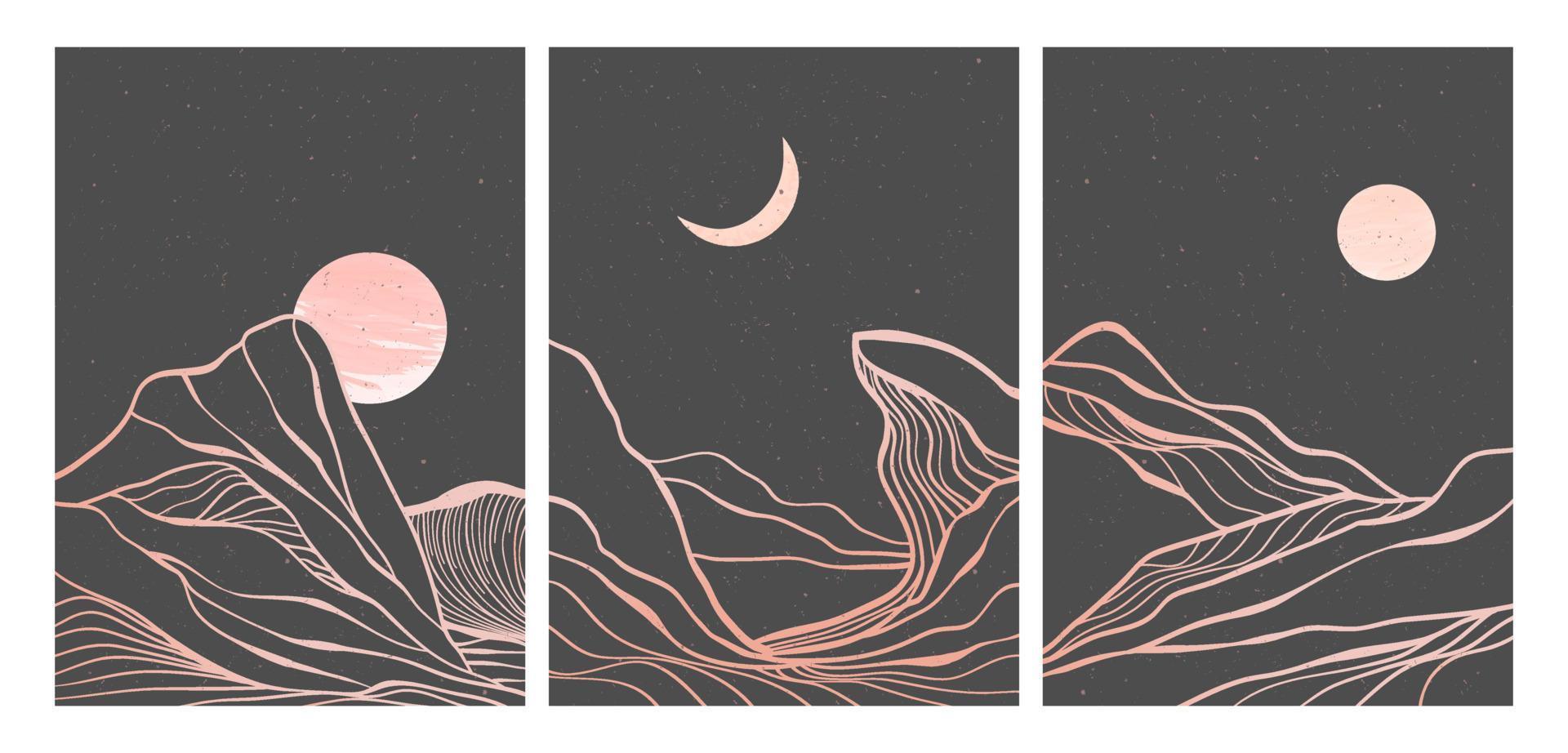 conjunto de impresión de arte de línea moderna minimalista creativa. abstracto montaña contemporáneo estética fondos paisajes. con montaña, bosque, luna, horizonte, ola. ilustraciones vectoriales vector