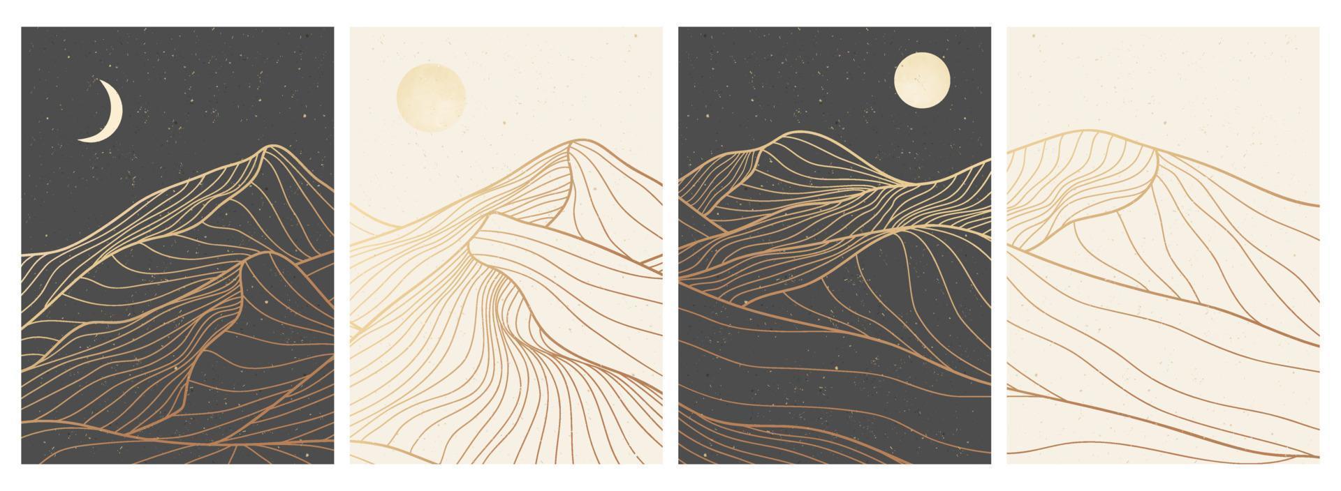 set of creative minimalist modern line art print. Abstract mountain contemporary aesthetic backgrounds landscapes. with mountain, moon, sea, skyline, wave. vector illustrations