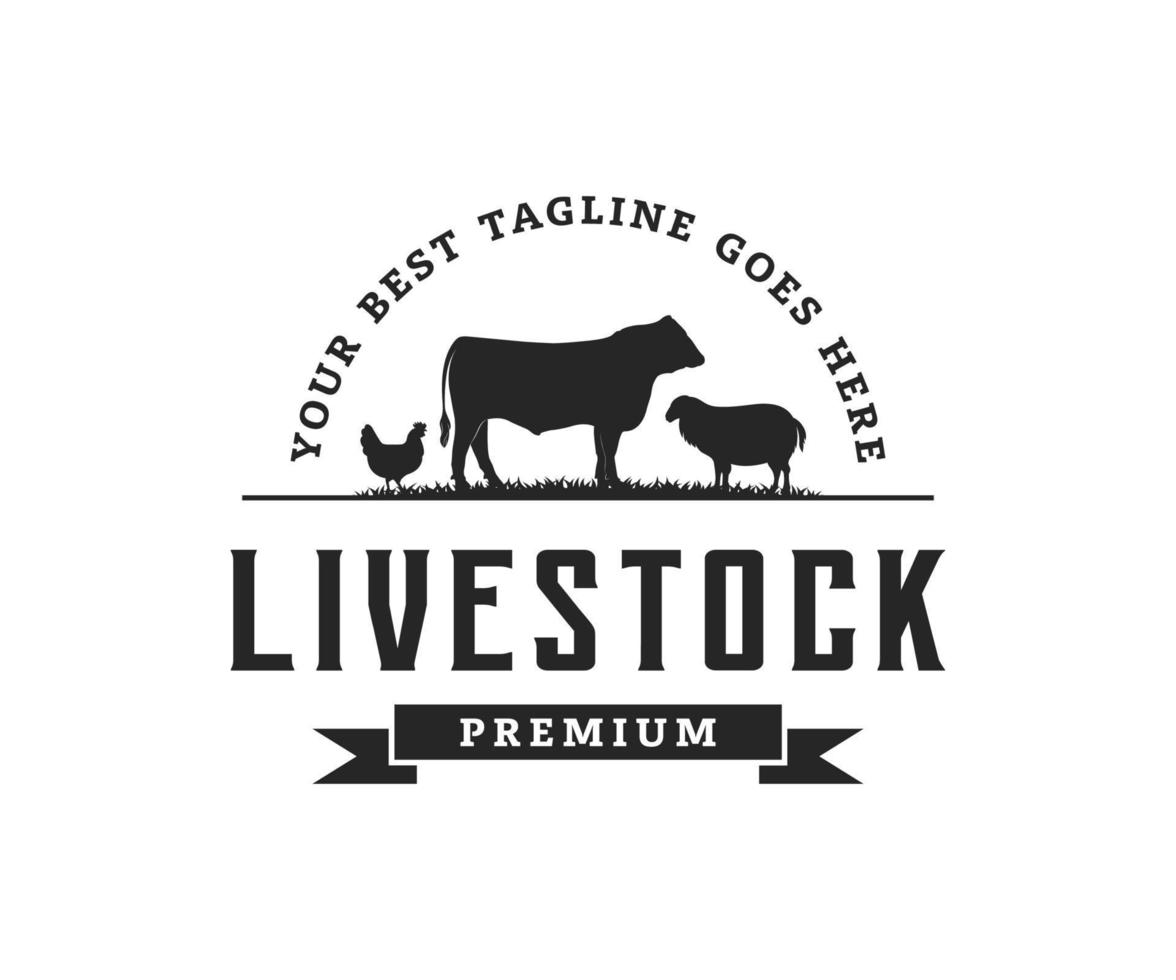 Vintage livestock logo with cow, chicken, and lamb. Animal farm fresh logo design template vector