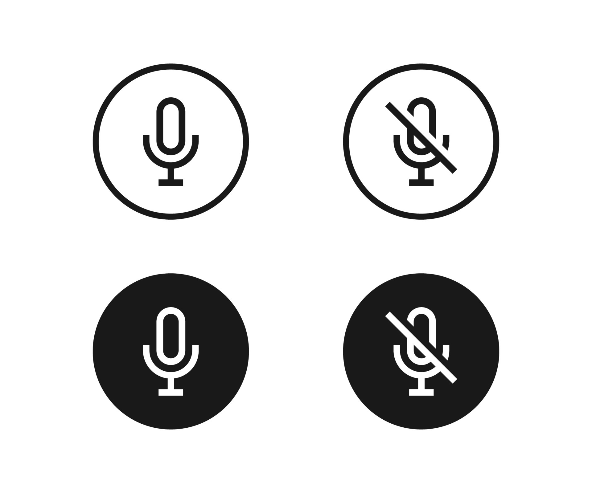 Outline microphone on and crossed out icon. Outline record microphone