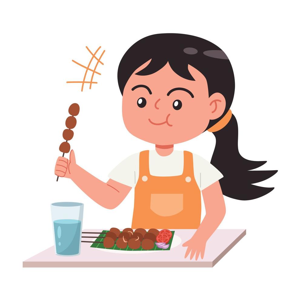 Cute girl eating delicious satay vector