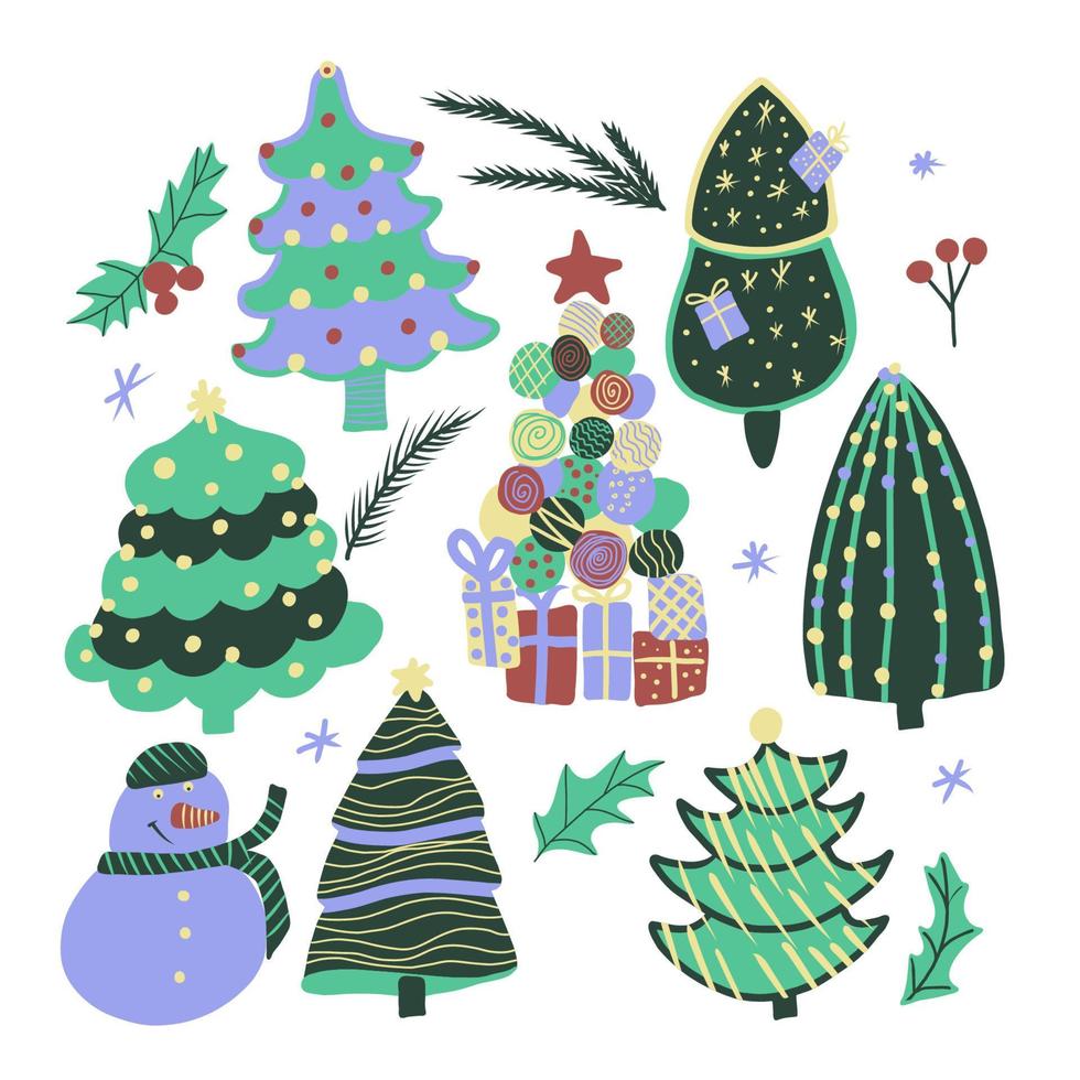 Navidad vectorial ambientada con coloridos árboles de Navidad decorativos y lindo muñeco de nieve. vector