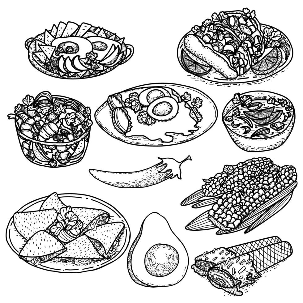 Vector hand drawn vintage Mexican food set. Black and white sketches of nachos, tacos, burritos, avocado, jalapeno, quesadilla, papadzulis, baked corns, beans.