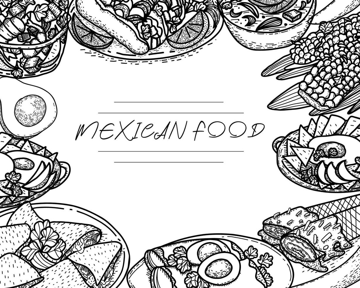 plantilla de menú de comida vectorial, cocina latinoamericana. bocetos vintage en blanco y negro dibujados a mano de comida mexicana. vector