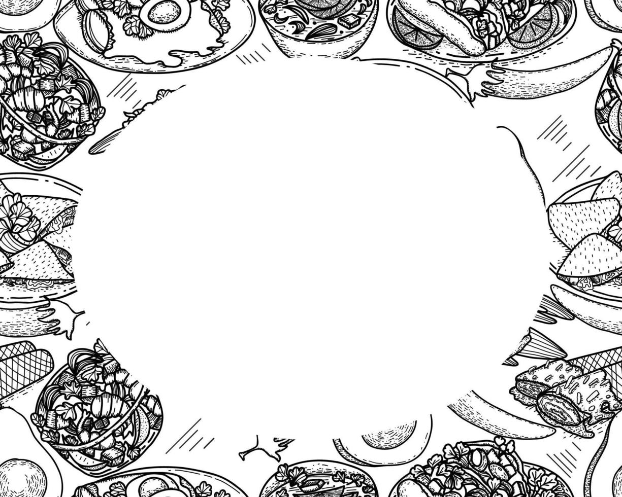 Vector food menu template, Latin american cuisine. Hand drawn black and white vintage sketchs of Mexican food.