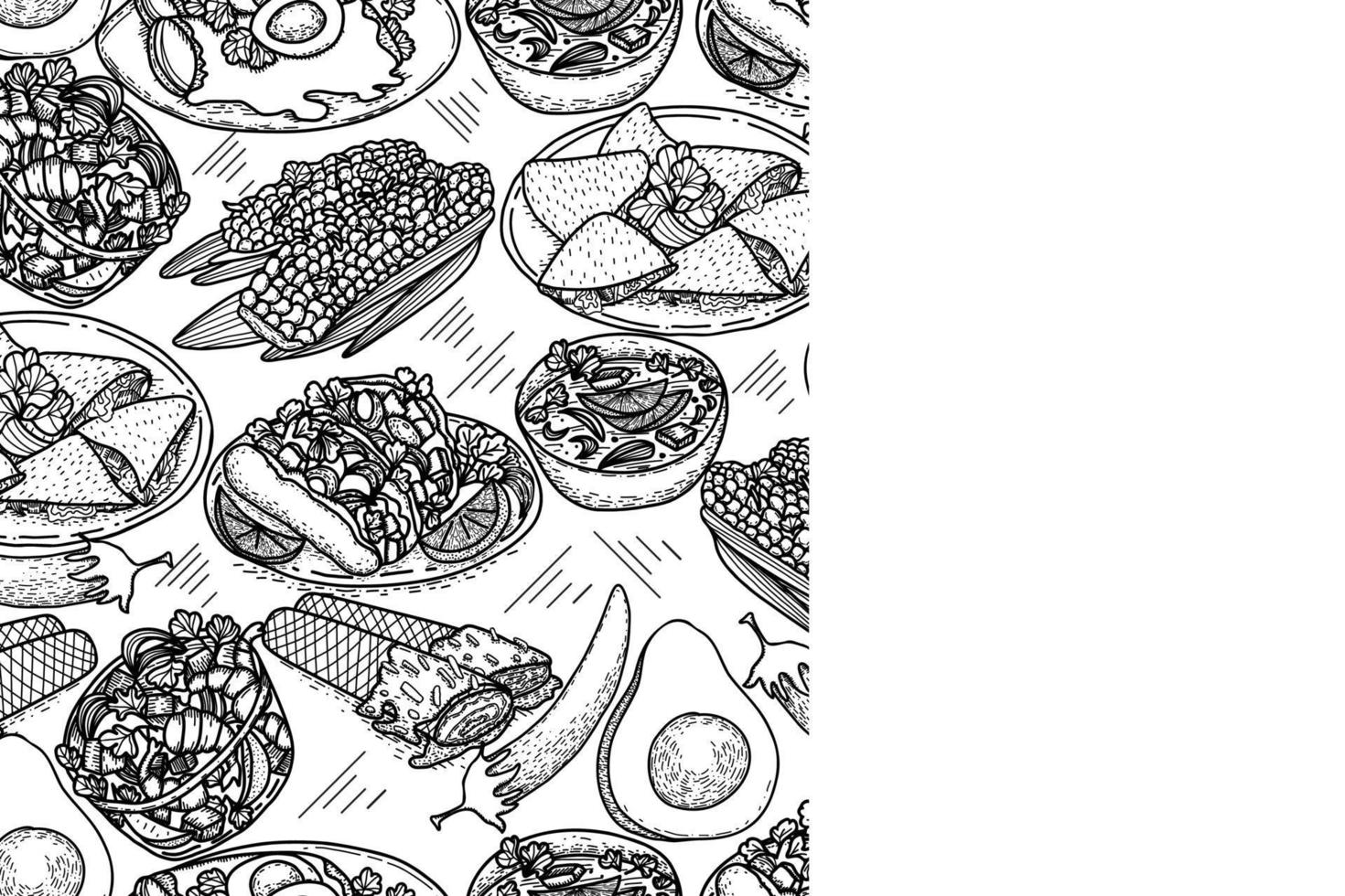 plantilla de menú de comida vectorial, cocina latinoamericana. bocetos vintage en blanco y negro dibujados a mano de comida mexicana. vector