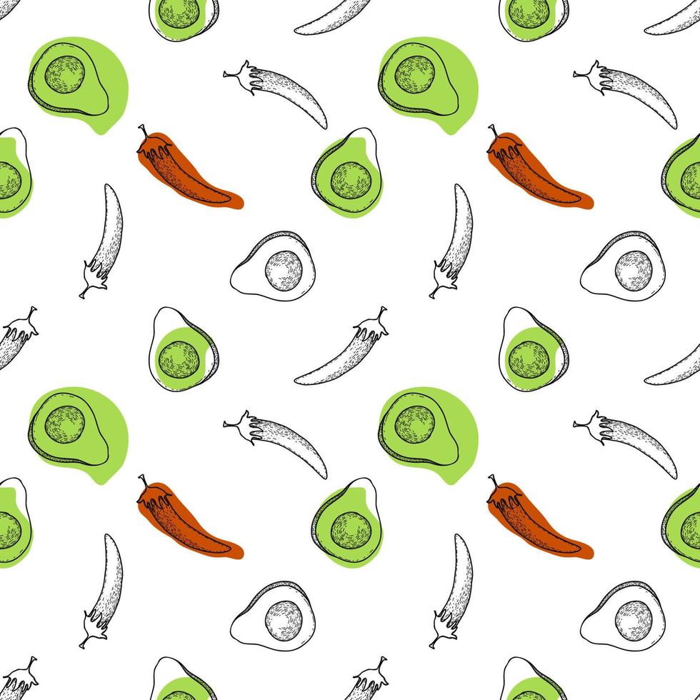 Vector Mexican food seamless pattern. Hand drawn sketch with latin american food such as nachos, tacos, burritos, quesadilla, jalapeno, cilantro, avocado, corns, beans.