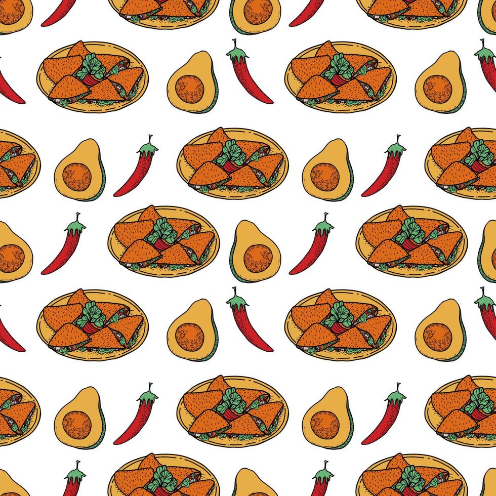 Vector mexican food seamless pattern. Hand drawn colorful illustration.