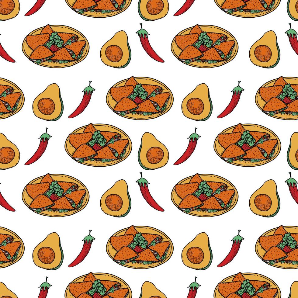 Vector mexican food seamless pattern. Hand drawn colorful illustration.