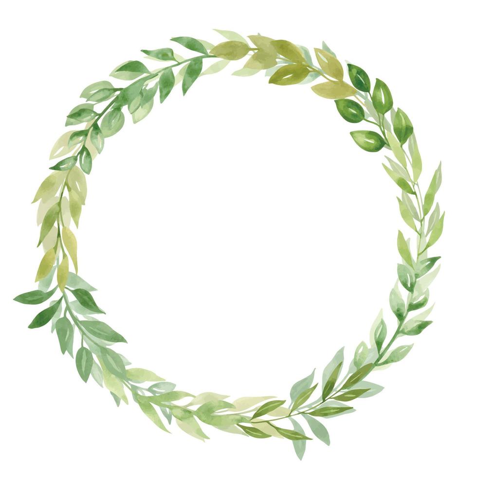 Watercolor Wreath of green spring branches and Leaves. Hand drawn illustration of Round Frame for greeting cards or wedding invitations. Floral botanical border in rustic style on isolated background vector