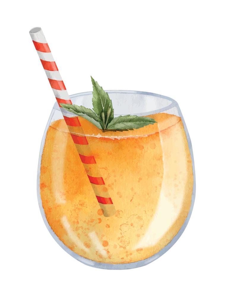 jugo de naranja o papaya en vaso con paja y menta. ilustración dibujada a mano de bebidas frías exóticas tropicales de verano sobre un fondo aislado. dibujo de cóctel dulce para el menú de desayuno del bar vector