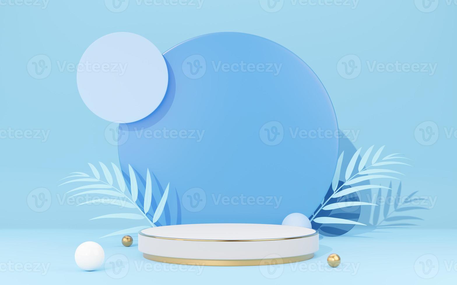 3D white cylinder podium mock up with palm leaf, gold border, circle on blue copy space background. Empty pedestal mockup space for display product. Abstract minimal studio geometric object. 3d render photo