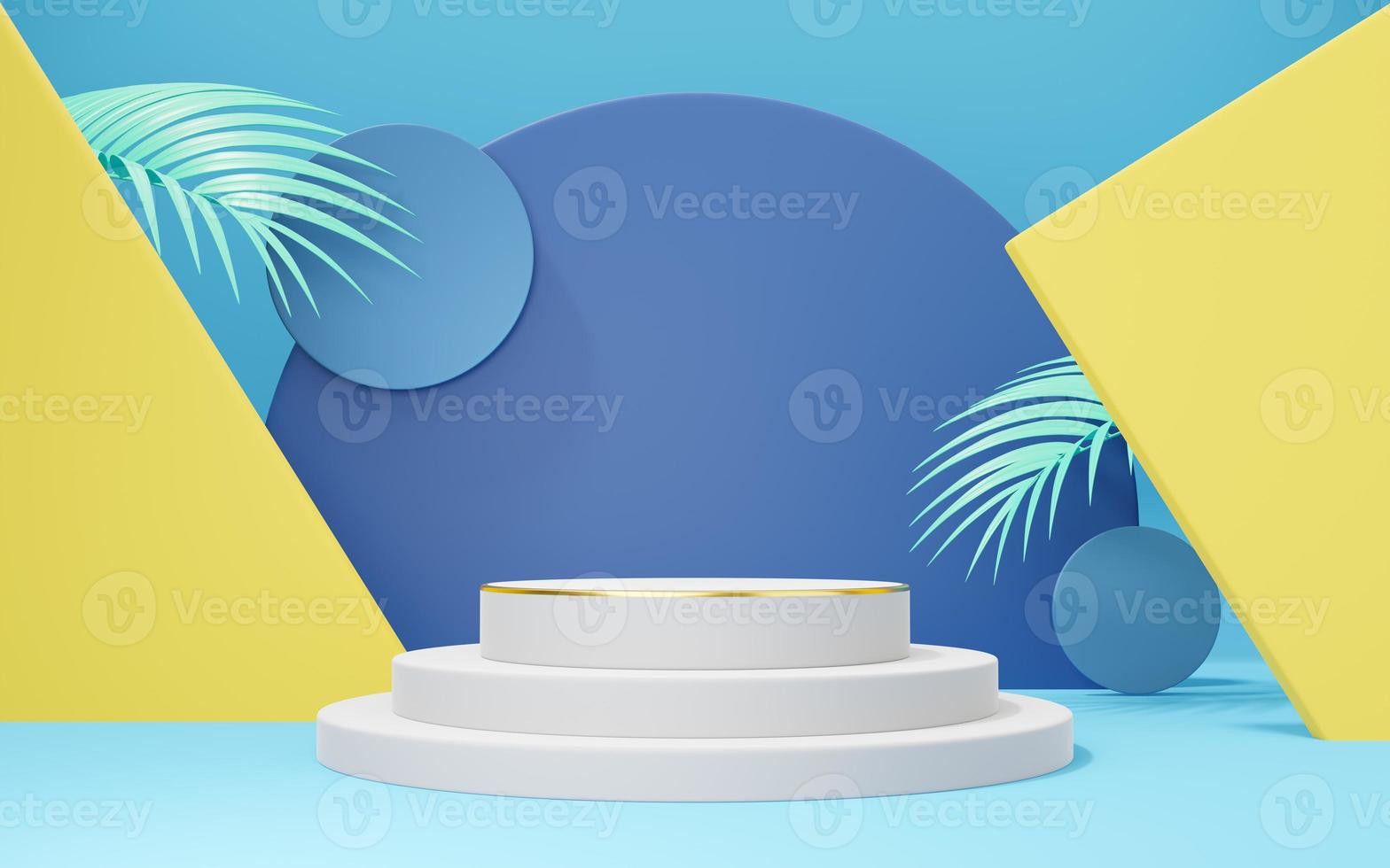 3D white cylinder podium mockup with palm leaf, gold border, circle, yellow wall on blue copy space background. Empty pedestal mockup space for display. Abstract minimal studio geometric. 3d rendering photo