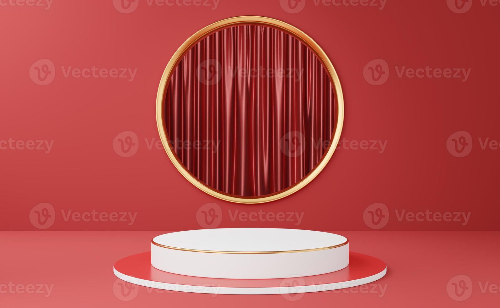 3D white cylinder podium with copper border on gold circle, red arch glossy curtain background. Empty pedestal mockup space for display product. Abstract minimal studio geometric object. 3d rendering. photo