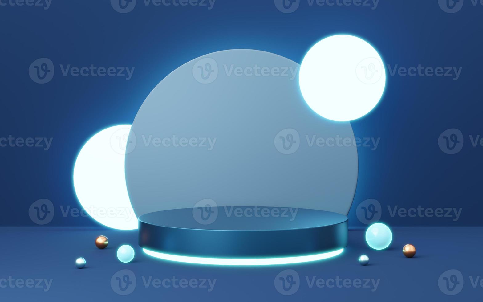 3D blue cylinder pedestal with gold ball, neon circle lighting on copy space background. Empty modern podium mockup. Abstract technology dark minimal geometric object. 3d render illustration. photo