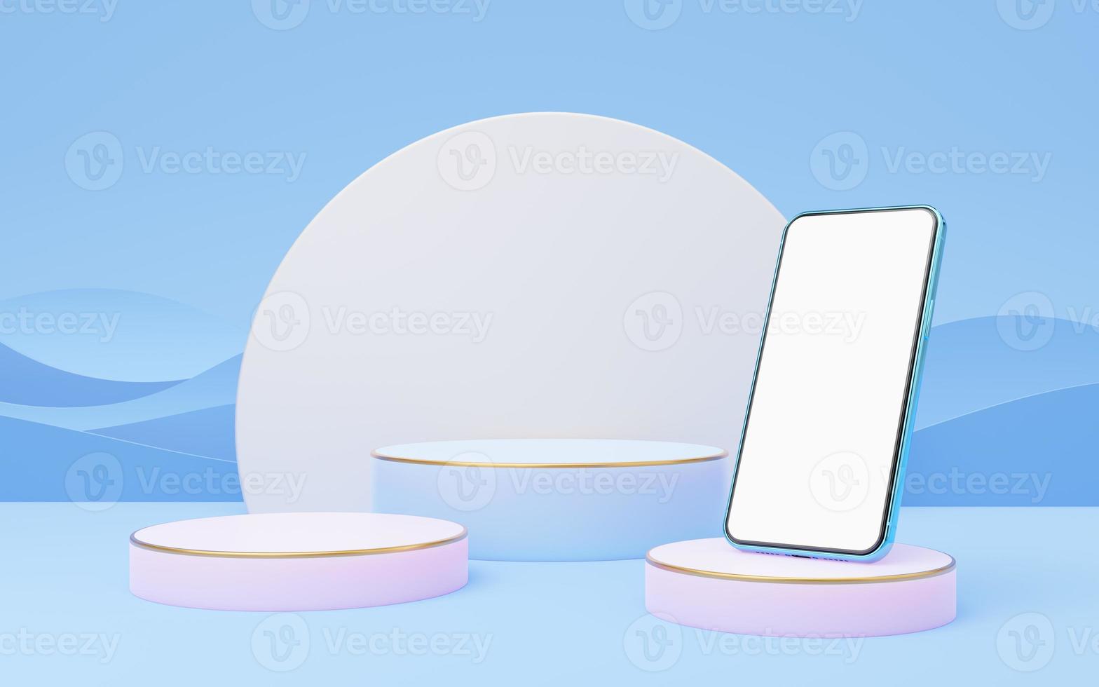 Mobile phone on violet cylinder podium with gold border on blue wave background. Smartphone with blank white screen. Pedestal pastel mockup space for display of product. Paper cut style. 3d rendering. photo