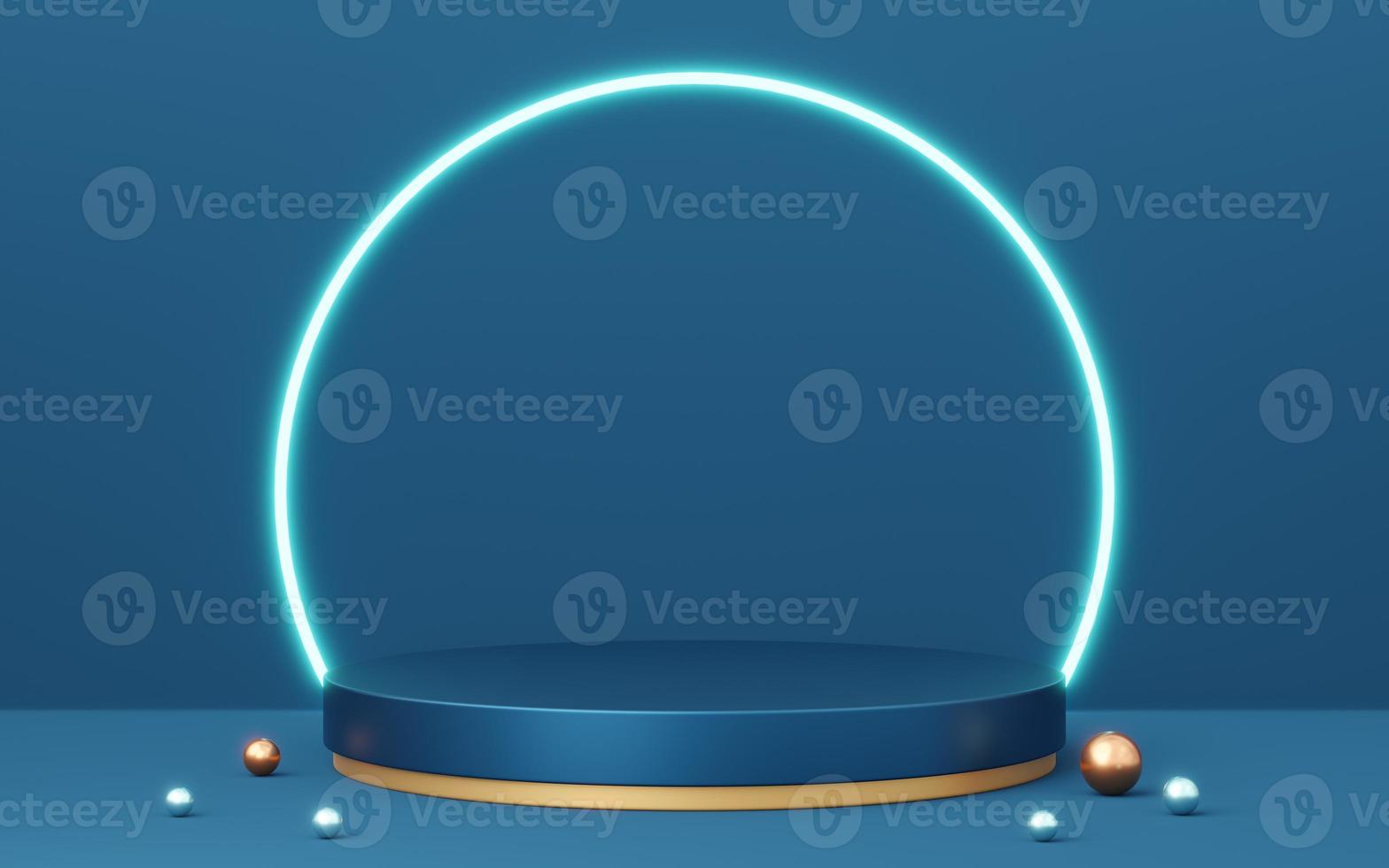 3D blue cylinder pedestal with gold border, ball, neon lighting on copy space background. Empty modern podium mockup. Abstract technology dark minimal geometric object. 3d render illustration. photo
