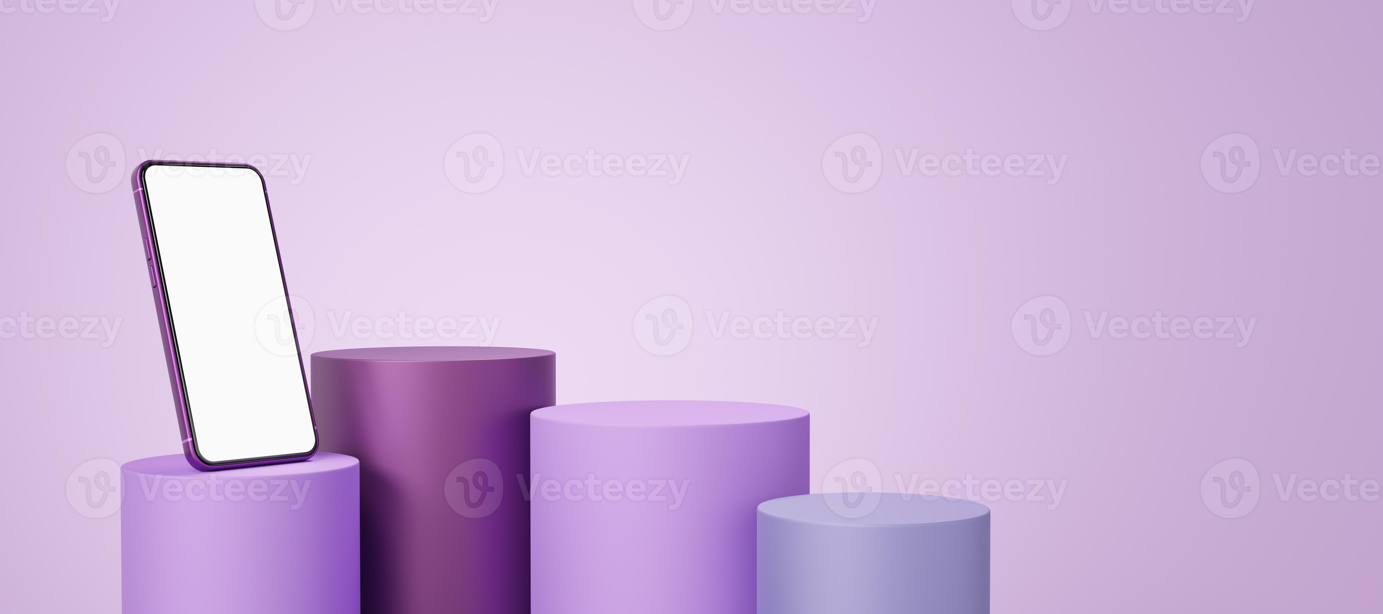 3d smartphone on violet cylinder podium floating on purple background
