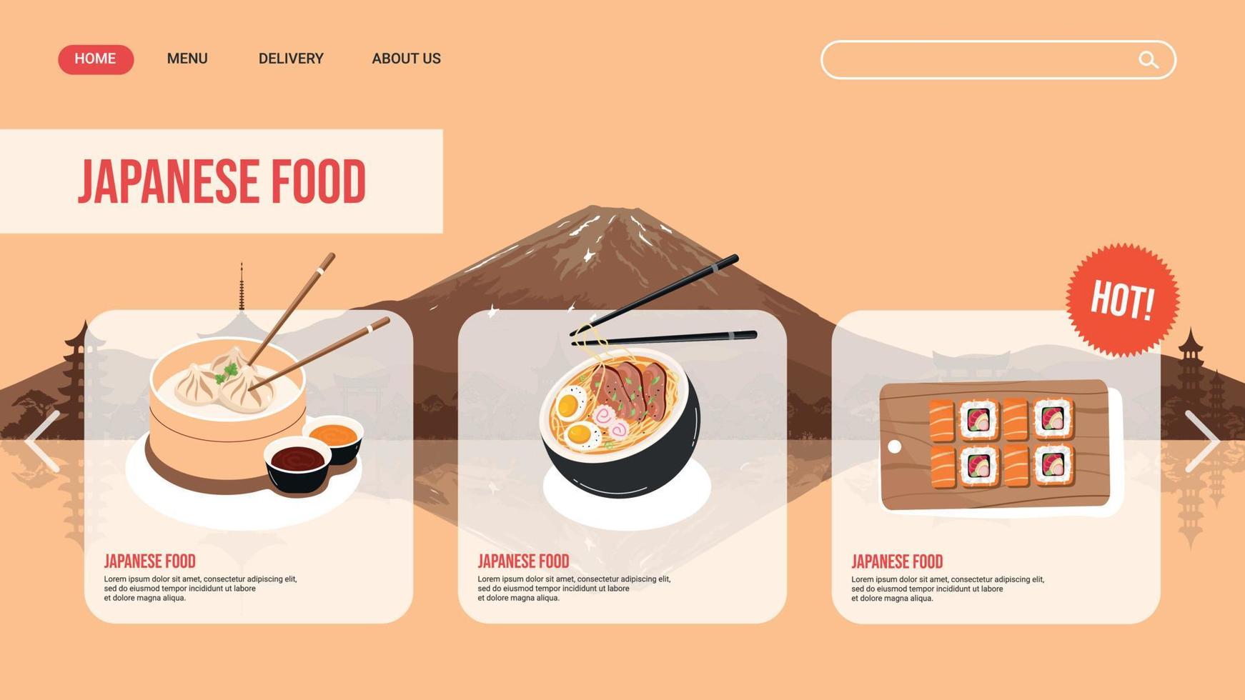 página de inicio del restaurante de cocina japonesa con un menú y una selección de platos para la entrega. plantilla vectorial concepto de comida asiática. vector