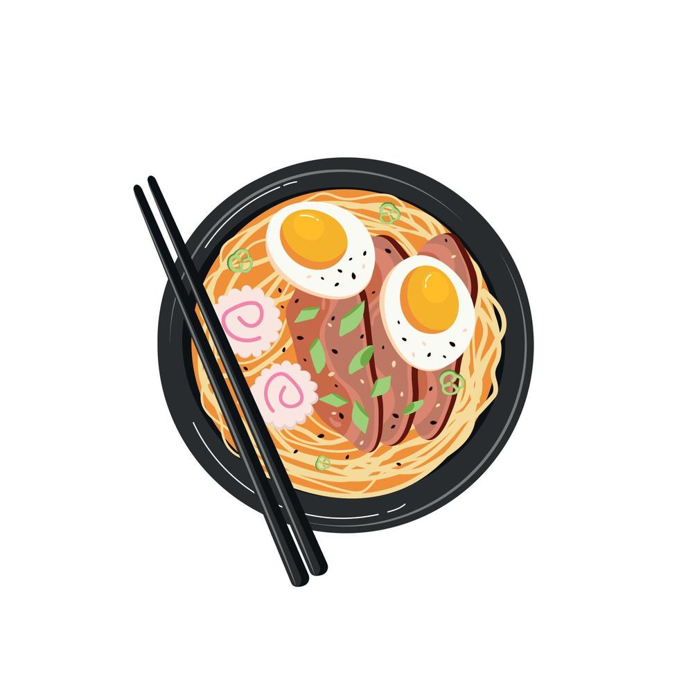 Traditional Japanese ramen dish with noodles, egg and beef on a white background. Asian cuisine. Vector