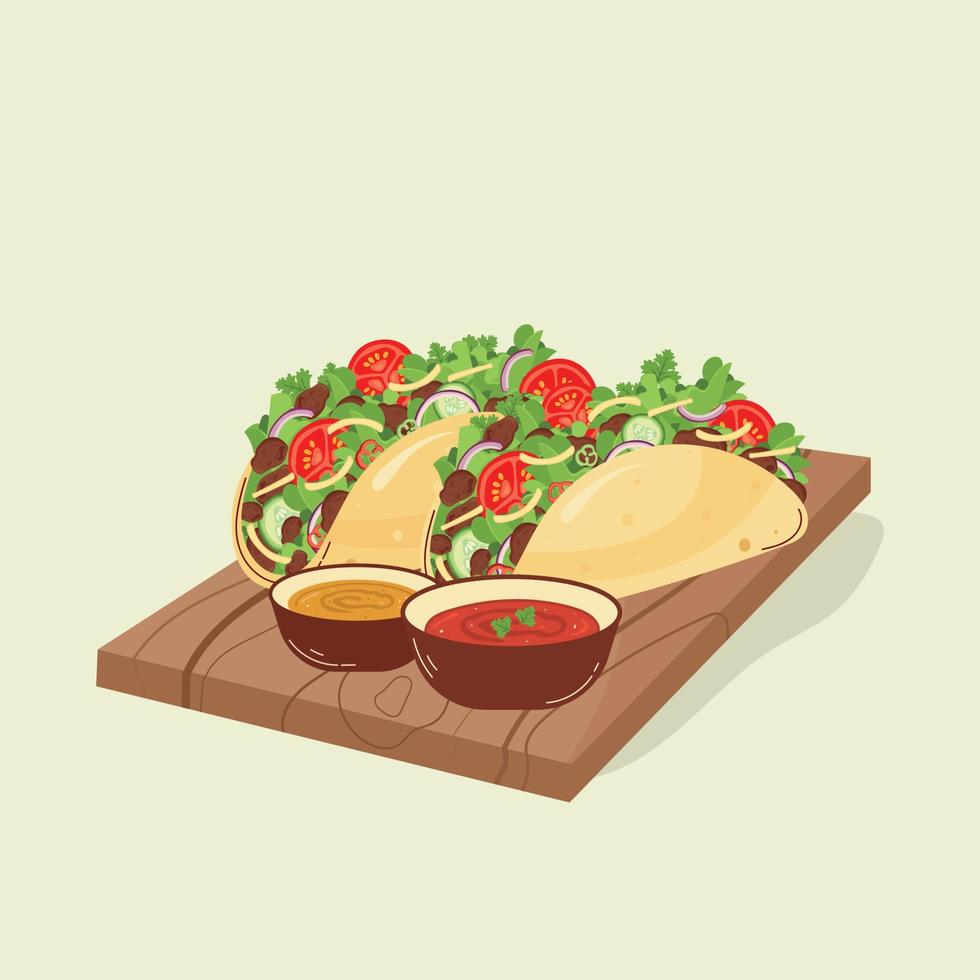 Tacos on a wooden board with sauces, a Mexican dish. Latin American food. Vector illustration.