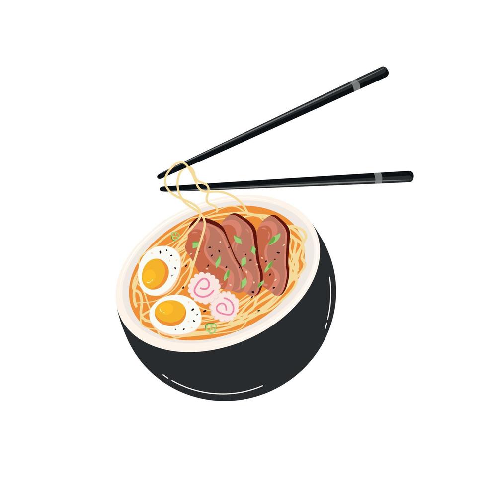 Japanese ramen dish with noodles, egg and beef on a white background. Asian cuisine. Vector