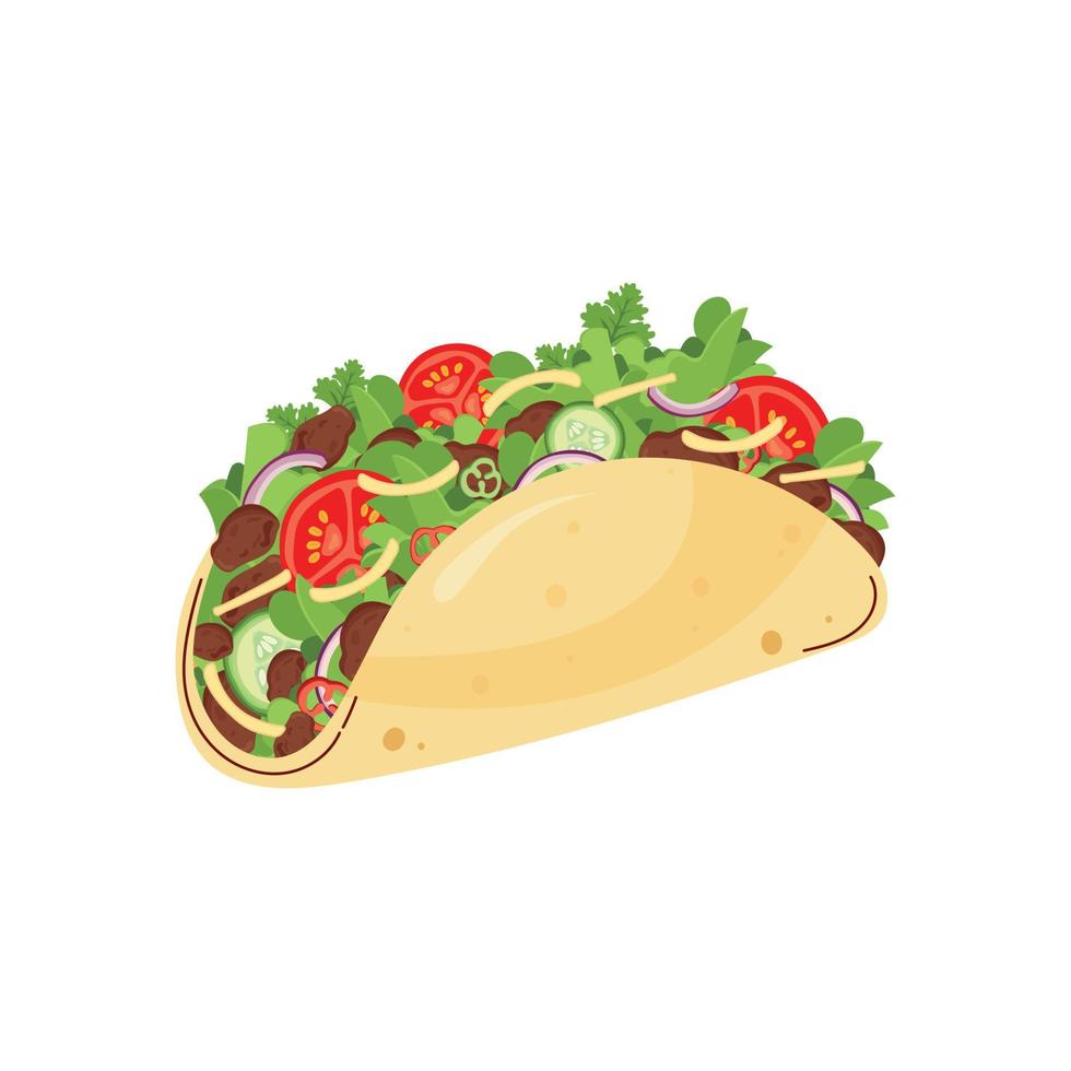 Tacos with meat and vegetables. Traditional Latin American cuisine. National Mexican cuisine on white background. Vector