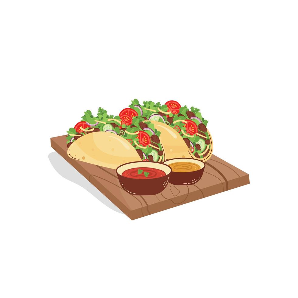Tacos on a wooden board with sauces, a Mexican dish. Latin American food on white isolated background. Vector illustration.